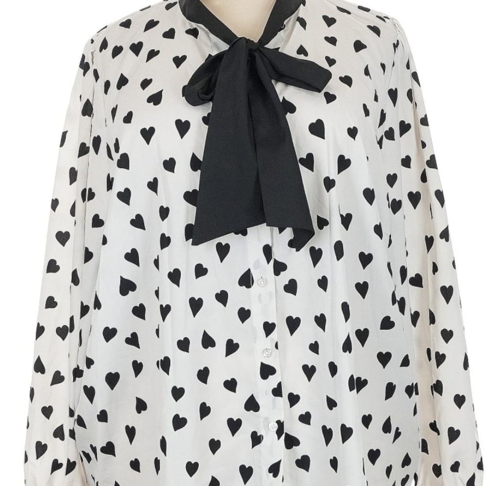 Eloquii Size 14 Heart Print Button-Up Blouse with Black Neck Tie